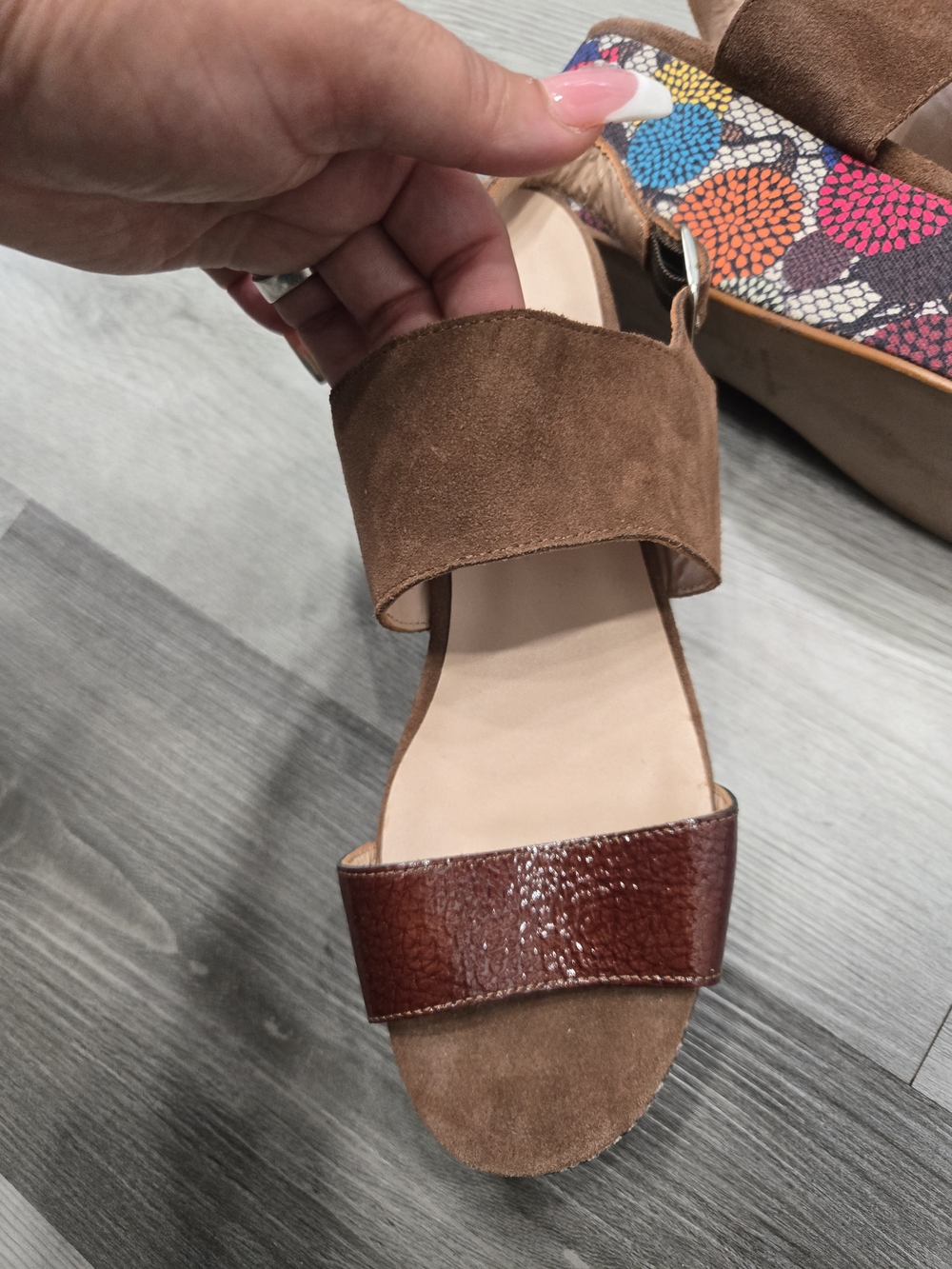 Brown Suede Platform Sandals with Colorful Printed Wedge - Picture 3 of 7